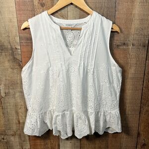 Liverpool Los Angeles White Cotton Eyelet Sleeveless Top Pintuck Peplum Blouse M